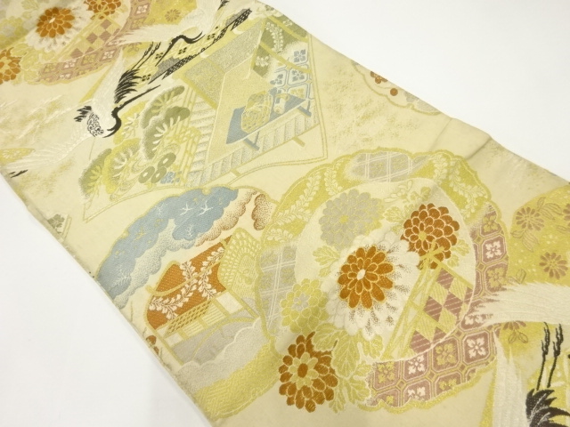 アンティーク　鶴に絵皿・読本模様織出し丸帯（材料）